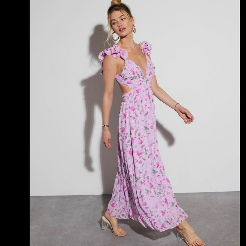 VICI Polly V-Neck Floral Ruffle Maxi Dress, Pink / Magenta, Size Small